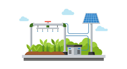Obraz premium Solar-Powered Smart Irrigation System and Automated Agricultural Concept Vector Illustration for Sustainable Farming and Green Energy Solutions