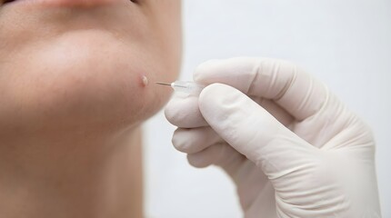 Naklejka premium Doctor in white gloves preparing to pierce whitehead pimple on patient chin with needle