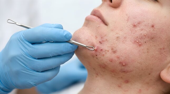 Dermatologist using metal extractor tool to remove acne and pimples on patient chin