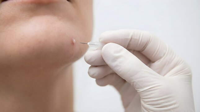 Doctor in white gloves preparing to pierce whitehead pimple on patient chin with needle