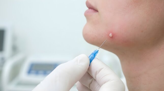 Close up of dermatologist using medical needle to treat inflamed whitehead on patient face