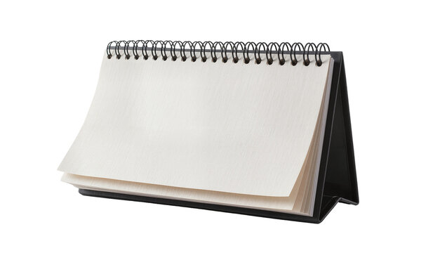 Blank spiral bound desk calendar with black cover, isolated on transparent background