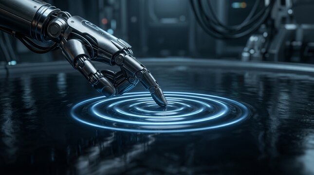 robotic arm mechanical hand blue light circular pattern industrial background metallic surface technology automation innovation robotics engineering futuristic machine learning