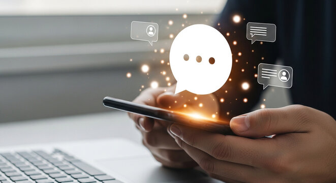 Sending Chat Message Bubble on Smartphone with Glowing Icons
