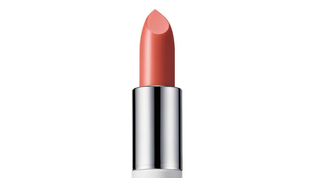 Coral lipstick with silver metallic casing, isolated on transparent background