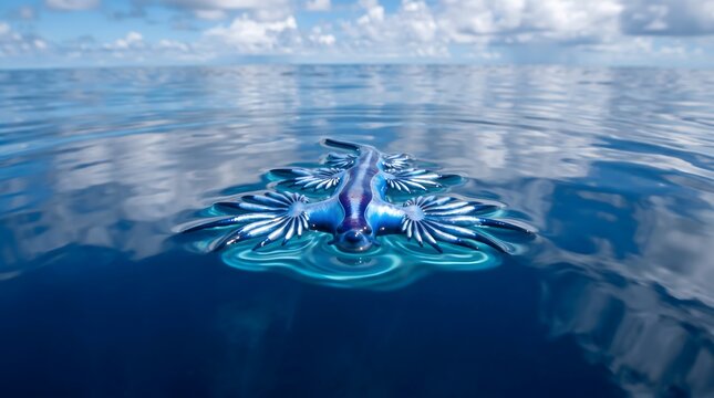 Macro Portrait of a Blue Glaucus Atlanticus Sea Slug Surfing the Open Ocean Surface with Iridescent Cerata and Vibrant Cobalt Patterns