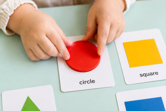 Toddler hands learning geometric shapes with flashcards close up. Child matching red wooden circle for Montessori education, preschool development, math basics and shape recognition concept.
