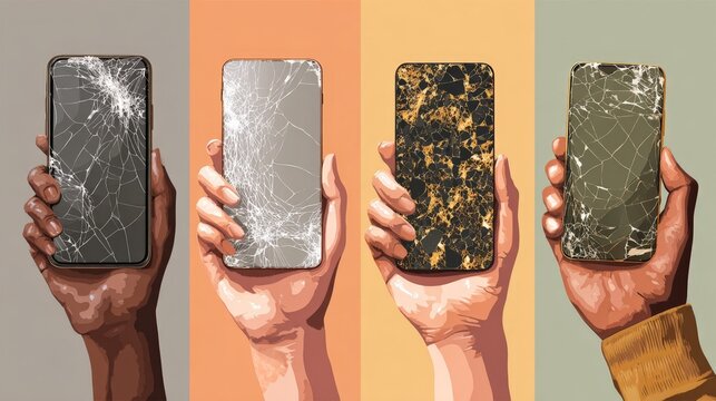 Four hands hold damaged smartphones. Each screen shows unique crack patterns. Colors range from gray to green. No facial expressions or emotions shown. Ideal for tech, repair