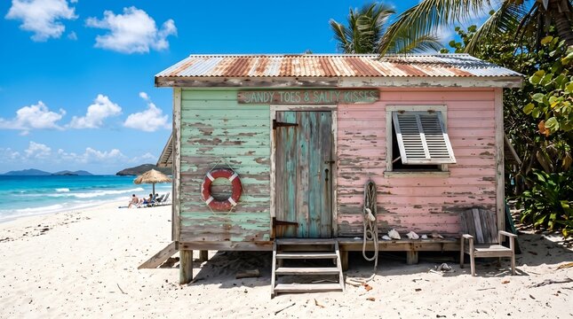 Rustic pastel beach shack on pristine white sand, overlooking turquoise ocean under blue sky, offers serene tropical escape and tranquil coastal vibe