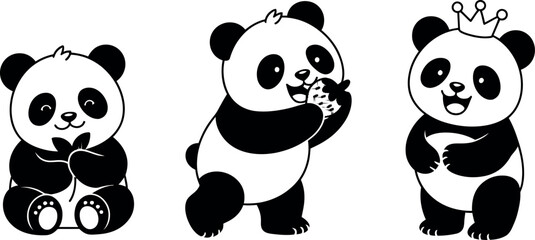 Obraz premium Cute Giant Panda Bear Cartoon Character Vector Set with Adorable Expressions Wearing a Crown and Eating Bamboo for Kids Nursery Designs