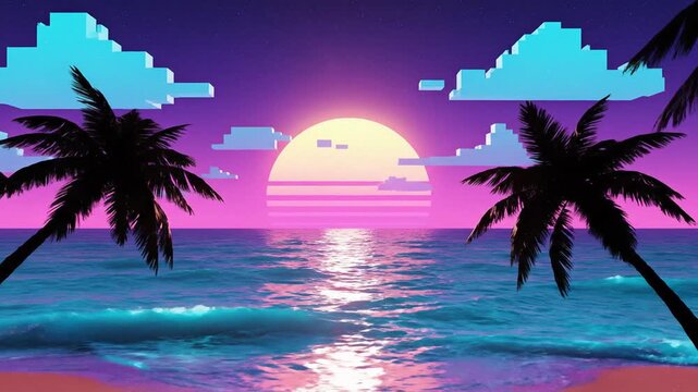 Retro Sunset Beach Palm Trees Ocean Waves Reflection 80s Synthwave Vibe