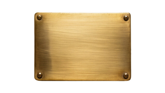 Brushed brass rectangular plaque with four screws, isolated on transparent background