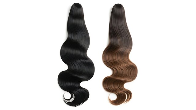 Long wavy hair extensions in black and dark brown colors isolated on white background.