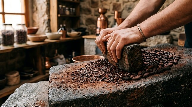 Hands grinding raw cocoa beans with a traditional stone tool