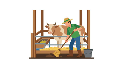 Farmer cleaning cow stall with broom in barn, livestock care concept © rokok