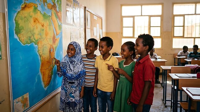 Group of smiling african students pointing at a map in a classroom