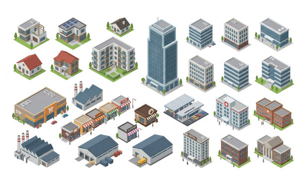 Isometric buildings collection urban architecture vector illustration