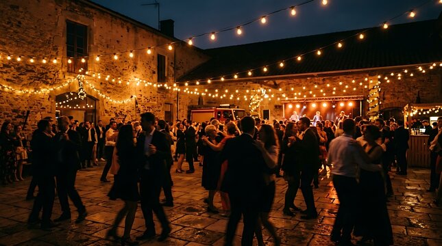 Elegant outdoor wedding reception with guests dancing at night