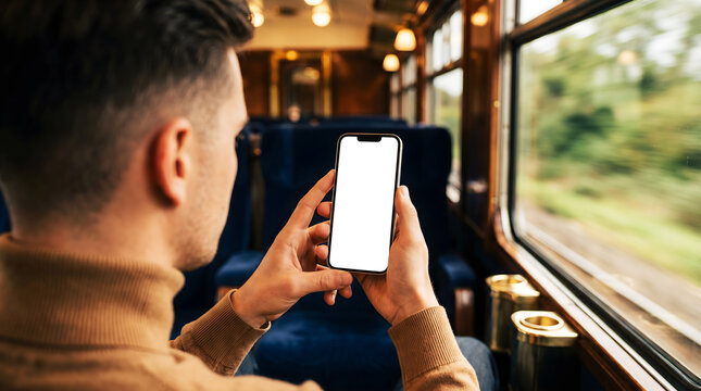 Hand holding mobile phone blank white screen mockup over shoulder view of man passenger traveling on classic train looking out window for ticket booking app template copy space
