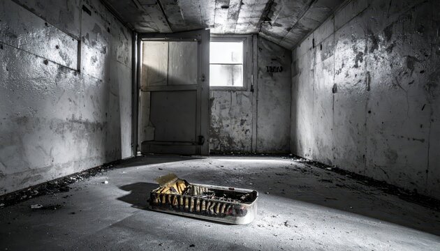 Empty and crushed ration tin lying on the floor of a dark, abandoned bunker interior