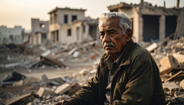 Elderly man sits pensively amidst the rubble of his former home, a stark portrayal of war's devastation