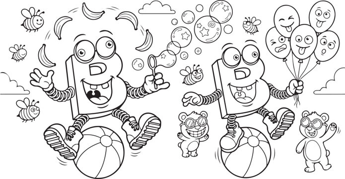 Letter B robot cartoon characters coloring page with bananas and balloons for kids
