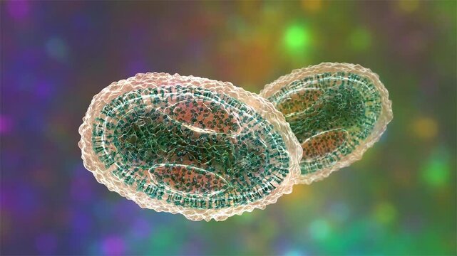 Smallpox virus particles, 3D animation showing slowly rotating brick-shaped variola virions, illustrating eradicated but historically significant viral disease.