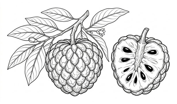 Sugar Apple Fruit Vector Illustration Whole and Half Cut Botanical Outline Drawing Isolated on White Background