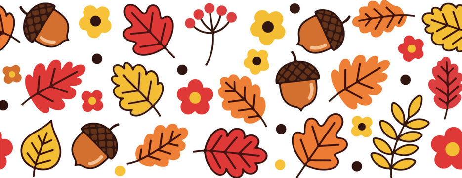 Autumn seamless border with colorful leaves, acorns and flowers, fall season vector banner design