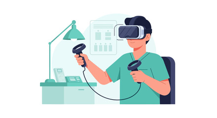 Fototapeta premium Medical Professional Using Virtual Reality Headset and Controllers for Surgery Simulation and Healthcare Training Flat Illustration