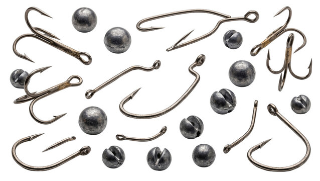 Assorted Fishing Hooks And Lead Sinkers On Transparent Background