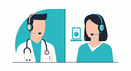 Obraz premium Telemedicine Concept Illustration: Doctor and Patient in a Remote Online Medical Consultation with Headsets