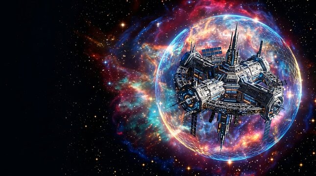 Space station protected by energy shield in a vibrant nebula