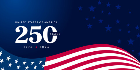 United States of America 250 Years Anniversary Banner, Semiquincentennial 1776-2026 Celebration with Waving American Flag Background © FAISAL CREATES
