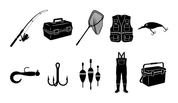 Collection of angling gear silhouettes showing rod tackle box landing net fishing vest crankbait jig hook treble hook bobbers waders and bag