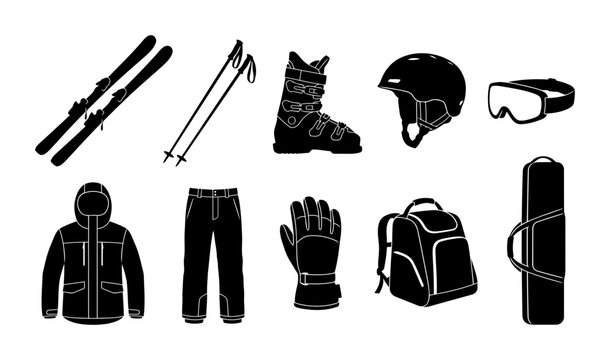 Collection of winter sports silhouettes showing skis poles ski boot helmet goggles jacket pants gloves backpack and ski case
