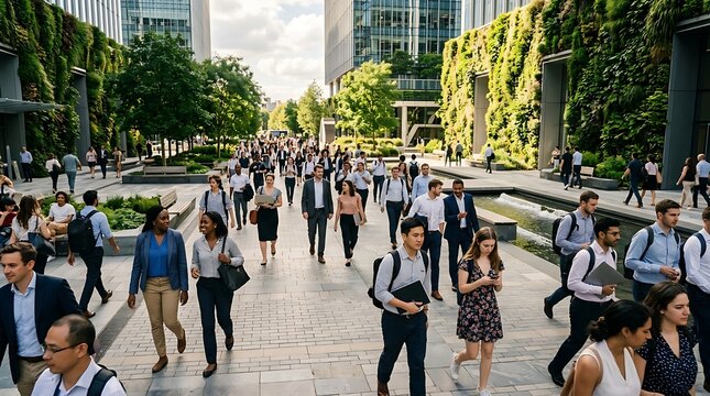 Business professionals walking through a green modern urban plaza