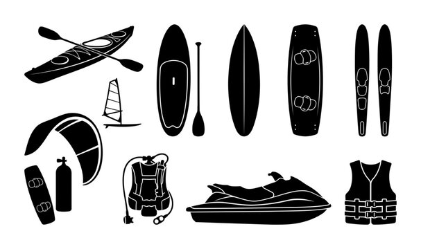 Collection of aquatic sports silhouettes showing kayak paddle board surfboard wakeboard water skis windsurf sail kite diving tank jet ski and life vest