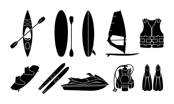 Collection of surf and boating silhouettes with kayak paddle board surfboard windsurf sail life vest wakeboard water skis jet ski and fins