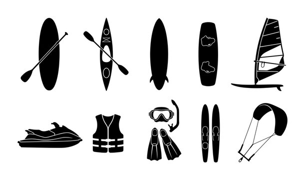 Collection of watersport equipment silhouettes featuring paddle board kayak surfboard wakeboard windsurf sail jet ski life vest snorkel set water skis and kite