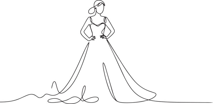 Continuous line drawing of a woman in an elegant dress