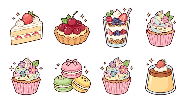 Cute anime-inspired vector icon set featuring 6 spring desserts including strawberry cake, cherry tart, fruit parfait, floral cupcake, macarons, and pudding cup