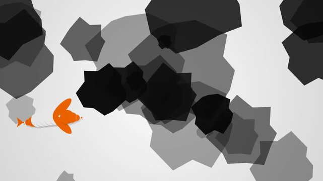 Abstract orange arrow animation swimming through dark geometric hexagonal shapes
