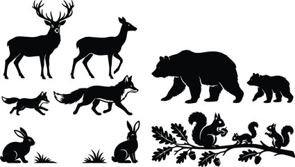 Wild Forest Animal Silhouette Collection Featuring Deer Bear Fox Rabbit and Squirrel Vector Set for Nature Wildlife Design © MdShahin
