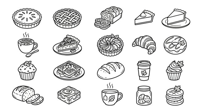 Premium outline vector icon set featuring autumn bakery menu, 16 separate objects including pumpkin pie, apple tart, cinnamon bread, maple donut, caramel latte, pecan pie, cookie jar, croissant