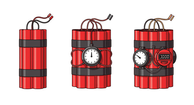 Three sets of red dynamite sticks showing various configurations including plain bundles and those with analog and digital timers.