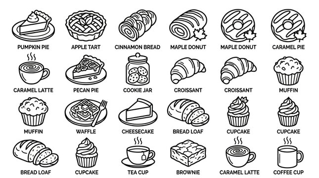Premium outline vector icon set featuring autumn bakery menu, 16 separate objects including pumpkin pie, apple tart, cinnamon bread, maple donut, caramel latte, pecan pie, cookie jar, croissant