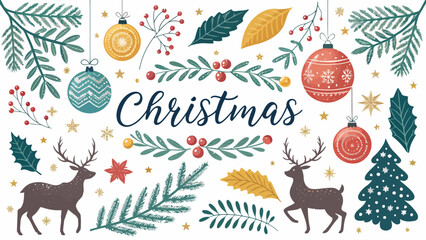 Naklejka premium Christmas decorations and ornaments on with reindeer and trees