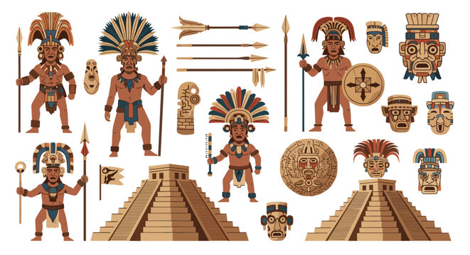 Extensive set of historical mayan or aztec themed elements including warriors, architectural pyramids, masks, and tribal artifacts.