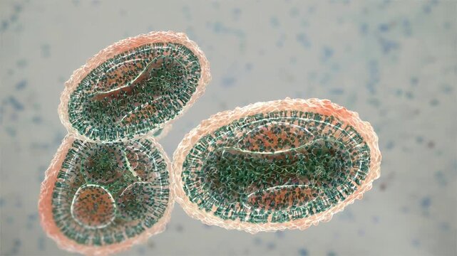 Smallpox virus particles, 3D animation showing slowly rotating brick-shaped variola virions, illustrating eradicated but historically significant viral disease.